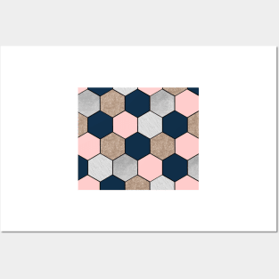 Navy and peach geometric hexagons Posters and Art